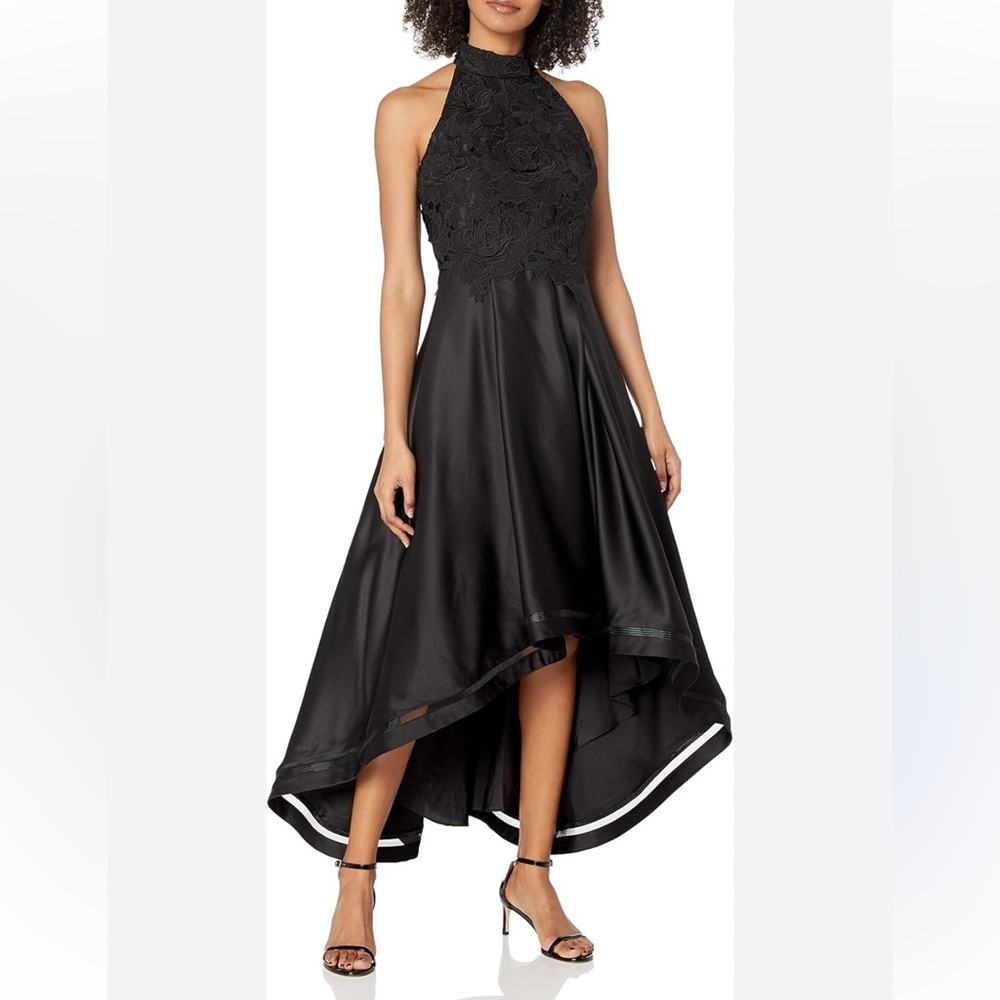 Nicole Miller New York Black Lace Satin Halter Hi Low Prom Wedding Guest Dress 4